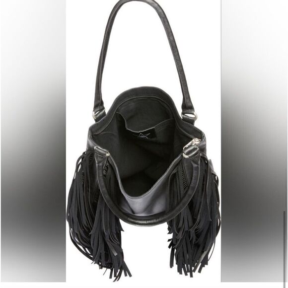 New Area Stars Black Fringe Hobo Shoulder Bag Faux Leather Spacious New w/ Tags - Picture 11 of 14